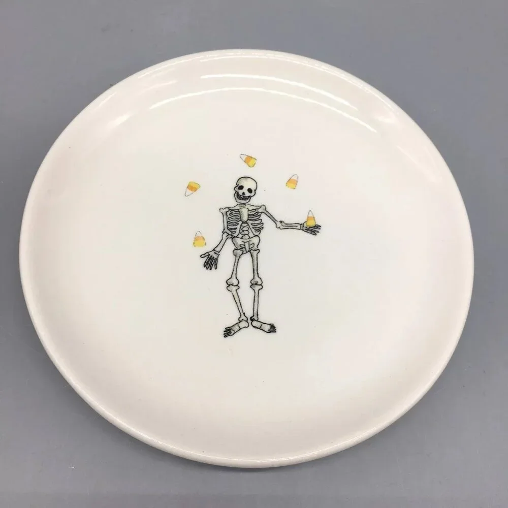 4 RAE DUNN Halloween Appetizer Plate Set Skeleton Witch Candy Corn Juggle 2018